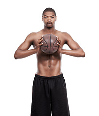 Image showing Fitness, pride and portrait of black man with basketball, six pack and shirtless body muscle workout challenge. Sports wellness, health and professional athlete with ball isolated on white background