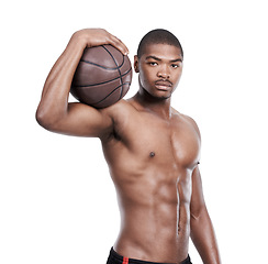 Image showing Fitness, face and portrait of black man with basketball, six pack and shirtless body muscle workout. Sports wellness, health and confident professional athlete with ball isolated on white background.