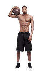 Image showing Fitness, power and portrait of black man with basketball, six pack and shirtless body muscle workout challenge. Sports wellness, health and professional athlete with ball isolated on white background