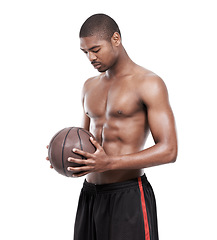 Image showing Fitness, thinking and black man with basketball, challenge and shirtless for body muscle workout. Sports wellness, health and confident professional athlete with ball isolated on white background.