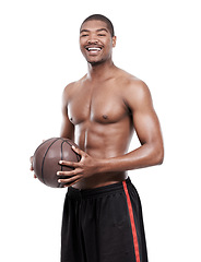 Image showing Fitness, smile and portrait of black man with basketball, six pack and shirtless body muscle workout. Sports wellness, health and happy professional athlete with ball isolated on white background.