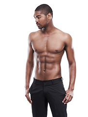 Image showing Man, model and shirtless for fitness, six pack and standing on white background, confident and abs. Studio backdrop, fit and attractive for exercise, health and muscular for posing, stomach and chest