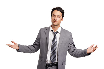 Image showing Portrait, confused and business man with why hands in studio for solution on white background. Questions, face and male entrepreneur with ask emoji, gesture or body language for palm scale balance