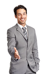 Image showing Business man, portrait and offer handshake in studio for welcome, recruitment and introduction on white background. Happy worker shaking hands for networking, HR deal and thank you for b2b agreement