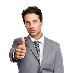 Image showing Thumbs up, portrait and business man in studio for success, winning deal and achievement on white background. Serious employee, emoji sign and like for feedback, certified vote and support excellence