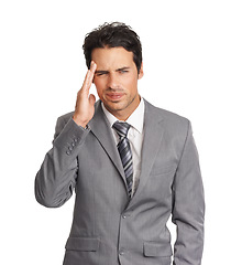 Image showing Business man, confused and stress in studio for burnout, headache and risk of challenge on white background. Frustrated worker thinking of fatigue, doubt and corporate mistake, disaster and crisis