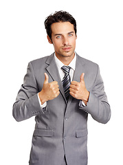 Image showing Thumbs up, business man and portrait in studio for achievement, winning deal or support victory on white background. Corporate worker, like emoji and yes sign of feedback, vote or certified agreement