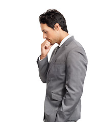 Image showing Business man, doubt and thinking in studio of choice, problem solving and brainstorming idea on mockup white background. Profile, serious worker or dream of decision, solution or insight of questions