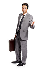 Image showing Hand, gesture and man with a briefcase for business in white background of studio with presentation. Businessman, asking and presenting with bag in corporate, work or professional entrepreneur