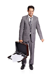 Image showing Stress, angry and business man with briefcase fail in studio frustrated on white background. Burnout, pressure and male entrepreneur by crisis, disaster or overwhelmed by deadline or report mistake