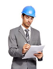 Image showing Construction, man and writing notes in studio for project management, planning architecture and engineering checklist on white background. Corporate contractor, manager and inspection paper documents