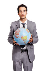 Image showing Portrait, business man and globe, planet or worldwide travel agent isolated on a white studio background. Vacation, professional suit and earth map for geography, international journey and serious