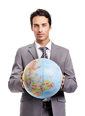Image showing Portrait, business man and globe, earth or world for corporate travel isolated on a white studio background. Face, professional in suit and planet map for geography, journey or international vacation