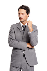 Image showing Thinking, portrait and business man in studio with questions on white background. Doubt, face and male entrepreneur with asking body language, waiting or wondering about solution and problem solving