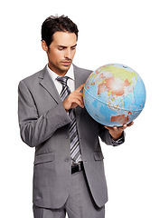 Image showing Travel, business man and globe, earth or worldwide destination isolated on a white studio background. Agent, professional suit and planet map for geography, pointing and international journey choice