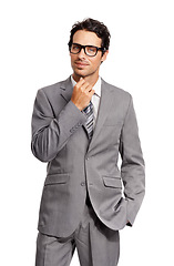 Image showing Portrait, thinking and business man in studio with glasses, gesture or idea on white background. Why, ask and face of male entrepreneur with questions, problem solving or brainstorming solution plan