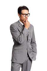 Image showing Thinking, why and business man in studio with questions on white background. Doubt, face and male entrepreneur with asking body language, waiting or wondering about solution and problem solving