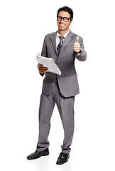 Image showing Paper, portrait and business man with thumbs up in studio for yes, agreement or support on white background. Documents, face and male financial advisor with hand emoji for success, thank you or deal