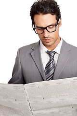 Image showing Business, man and reading newspaper in studio for stock market information, trading report and investment article on white background. Corporate trader, publication and print media for newsletter