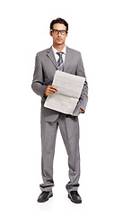 Image showing Business man, newspaper and portrait in studio for stock market information, financial report and article on white background. Corporate trader, broker or reading print media, document and newsletter