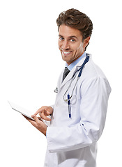 Image showing Doctor, portrait and studio with clipboard, healthcare information and medicine notes with stethoscope. Specialist, face and consultant for health insurance, referral and trust by white background