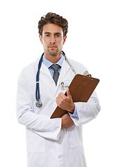 Image showing Doctor, portrait and studio with clipboard, serious and pride with healthcare information with medicine notes. Specialist, man and face for health insurance, consultant and trust by white background