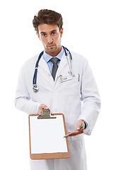 Image showing Doctor, man or portrait in studio by clipboard and diagnosis in healthcare administration in mockup. Specialist, face and serious in medicine checklist, script and life insurance by white background