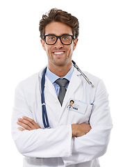 Image showing Doctor, portrait and studio with happy in arms crossed and positive with medical career. Specialist, man or smile face of surgeon for medicine or healthcare employee for trust by white background