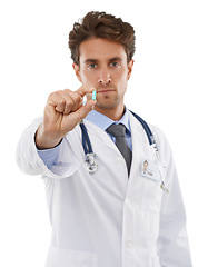 Image showing Doctor, man and portrait in studio with pills, prescription medication and serious with pharmaceuticals. Pharmacist, face and supplement for healthcare support, tablet and drugs by white background