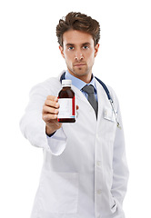 Image showing Doctor, man and medicine in studio for advice, prescription medication and consultant in pharmaceuticals. Pharmacist, face or otc syrup in healthcare support, bottle or drugs help by white background