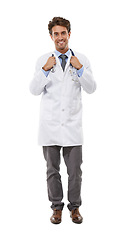 Image showing Doctor, happy and portrait in studio by stethoscope, positive and pride in medical career. Specialist, smile face and man as medicine consultant and healthcare employee for trust by white background