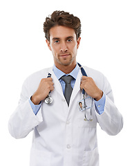 Image showing Doctor, man and portrait in studio with stethoscope, positive and pride in medical career. Specialist, smile and face of surgeon for medicine and healthcare employee for trust by white background