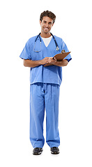 Image showing Man, nurse and portrait with documents in studio for medical checklist, assessment and consultation. Professional or healthcare doctor writing notes with clipboard for services on a white background
