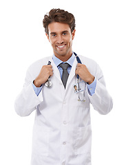 Image showing Doctor, portrait and studio with stethoscope for healthcare, employee and positive with medical career. Specialist, man and face of cardiologist for medicine and consultant trust by white background