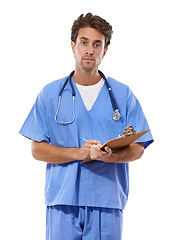 Image showing Man, doctor and portrait with documents in studio for medical checklist, assessment and consultation. Professional or healthcare nurse writing notes with clipboard for services on a white background