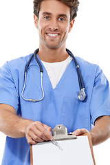 Image showing Doctor, portrait and form in studio by clipboard and surgery paperwork for healthcare administration. Surgeon, face and consulting on signature paper and life insurance in trust by white background