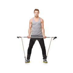 Image showing Fitness, man and resistance band with portrait, training and wellness isolated on white studio background. Mockup space, person and model with workout, healthy and exercise with energy and stretching