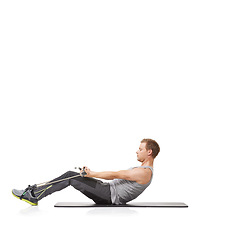 Image showing Healthy, man and resistance band with fitness, training and wellness isolated on white studio background. Mockup space, person and model with workout, exercise and progress with energy and endurance