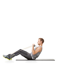 Image showing Exercise, man and resistance band with wellness, training and fitness isolated on white studio background. Mockup space, person and model with workout, healthy and progress with energy and stretching