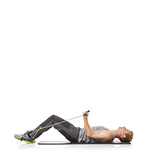 Image showing Exercise, man and resistance band with workout, core training and wellness isolated on white studio background. Mockup space, person or model with health, stretching or progress with energy or sports