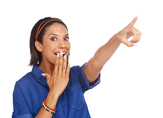 Image showing Studio portrait, surprise and woman point at wow sales deal, commercial direction or advertising choice. Mockup space, wtf facial expression or shocked person reaction to news ads on white background