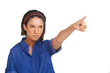 Image showing Woman, pointing and angry in studio or white background for frustrated protest, judge fail or mockup space. Female person, model and hand gesture for unhappy glare or bad news, opinion or upset blame