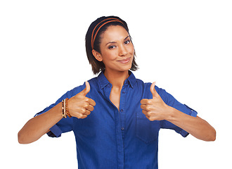 Image showing Woman, thumbs up and portrait in studio for agreement or good news, support or vote yes. Female person, face and hand gesture on white background for mockup space as winning results, approval or like