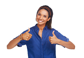 Image showing Woman, thumbs up and portrait or smile in studio for good news support, agreement or vote yes. Female person, face and hand gesture on white background for mockup space for winning, approval or like