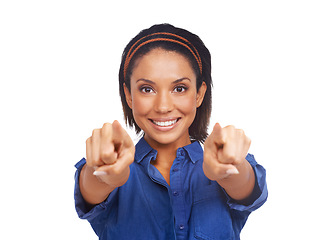 Image showing Studio portrait, happy woman and pointing at you, choice or decision for promotion winner, selection or volunteer. Face, hand gesture and person smile for recruitment isolated on white background