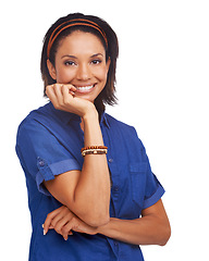 Image showing Woman, portrait and fingernails for excited in studio or white background, happy or mockup space. Female person, model and face or leaning on palm for posing or optimistic smile, idea or thinking