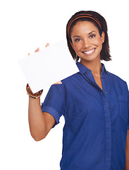 Image showing Woman, portrait and placard as mockup space in studio on white background for advertising, information or promotion. Female person, face and board poster for presentation, about us or communication