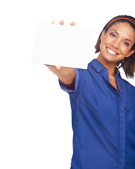 Image showing Woman, portrait and poster mockup in studio for announcement on white background, advertising or information space. Female person, face and board placard for presentation, about us or idea promotion