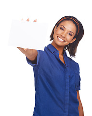 Image showing Woman, portrait and poster mockup space in studio on white background for advertising, information or announcement. Female person, face and board placard for presentation, about us or idea promotion