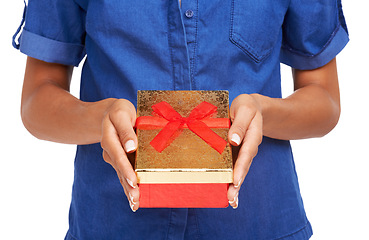 Image showing Person, hands and gift box present in studio for birthday celebration, holiday party or white background. Package, event and ribbon for surprise winning giveaway or anniversary, valentines or parcel